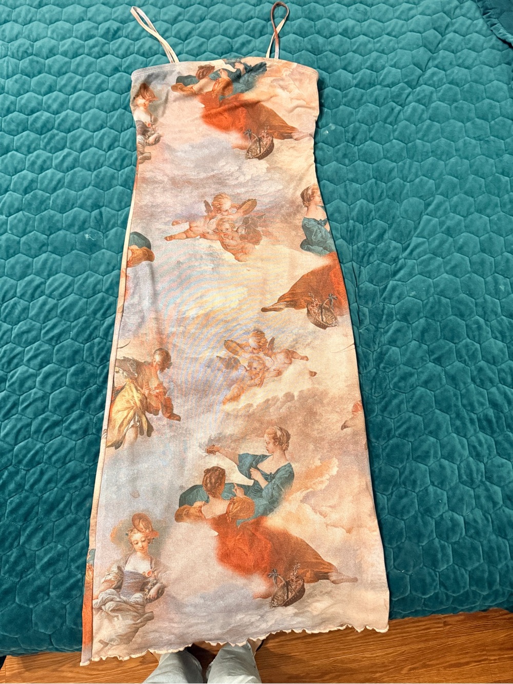 Renaissance Cherub Angel-Print Slip Maxi Dress Liner Pastels Straps Med 38 6